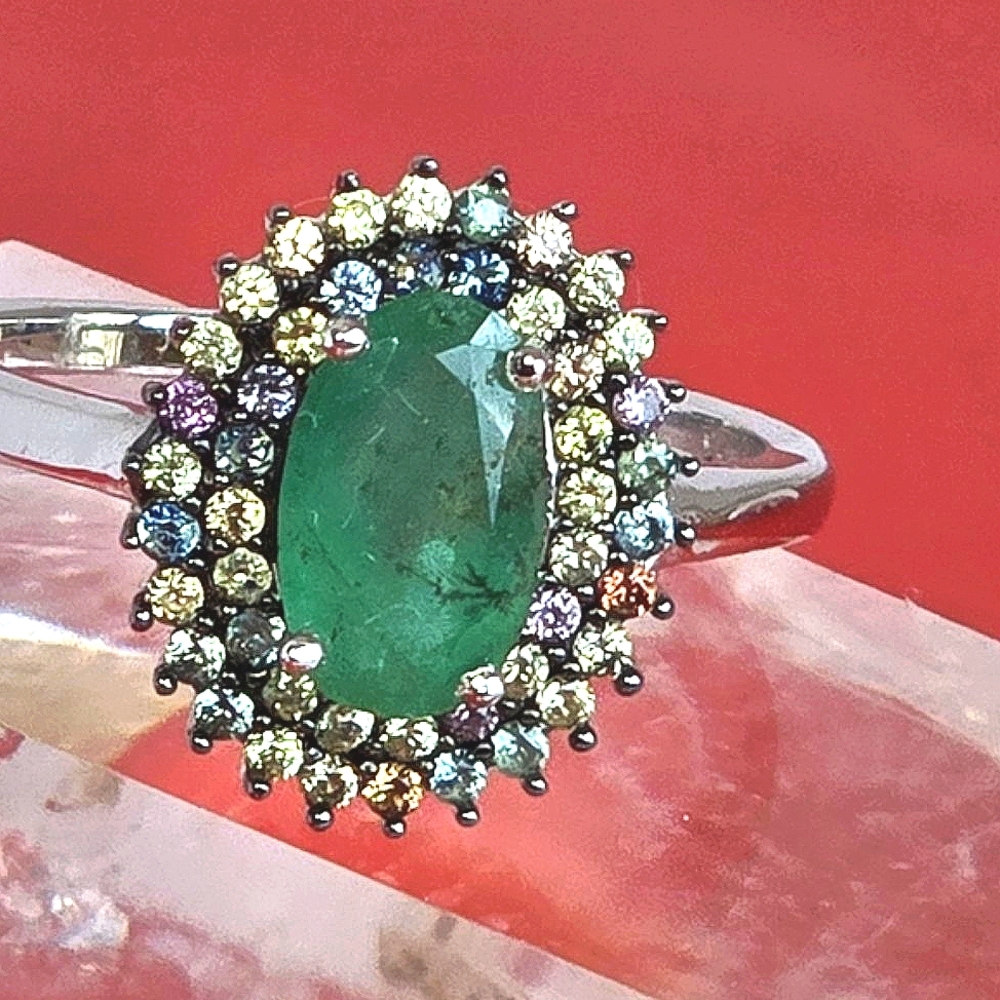 925 Sterling Silver Ring with Natural Emerald 10x6mm & Sapphire Gemstones